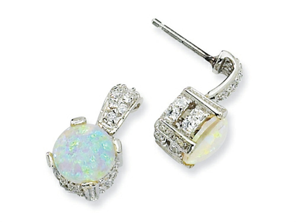 Cheryl M Sterling Silver 8mm Simulated Opal Cabochon and CZ Dangle Post Earrings