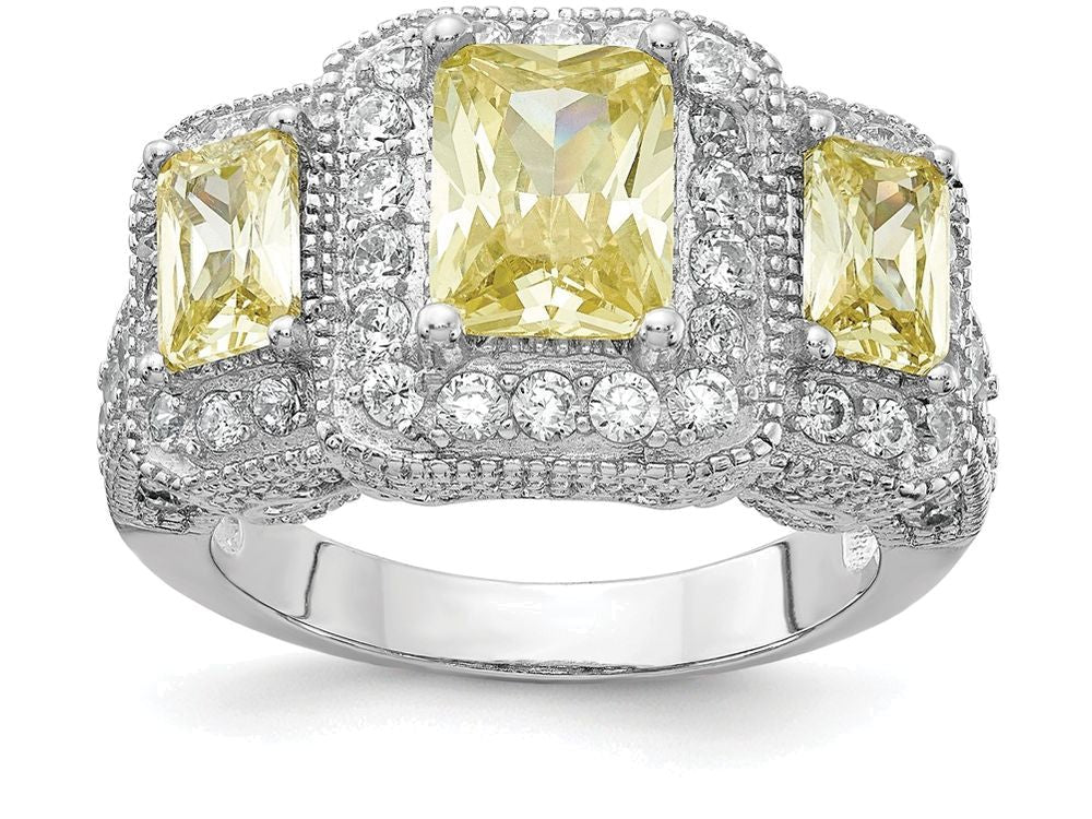 Cheryl M Sterling Silver Canary and White CZ 3-stone Ring