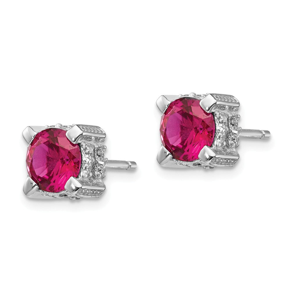 Cheryl M Sterling Silver 6.5mm Synthetic Ruby and CZ Stud Earrings