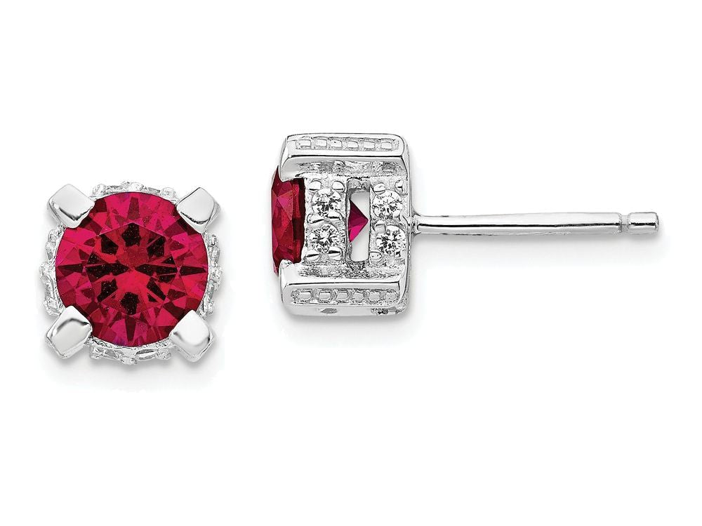 Cheryl M Sterling Silver 6.5mm Synthetic Ruby and CZ Stud Earrings