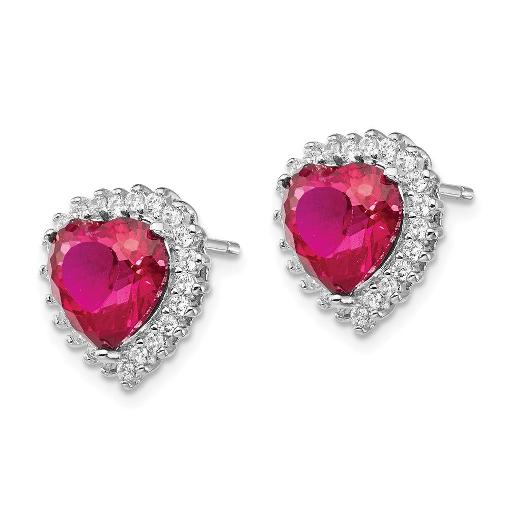 Cheryl M Sterling Silver Heart 100-facet Synthetic Ruby/CZ Post Earrings