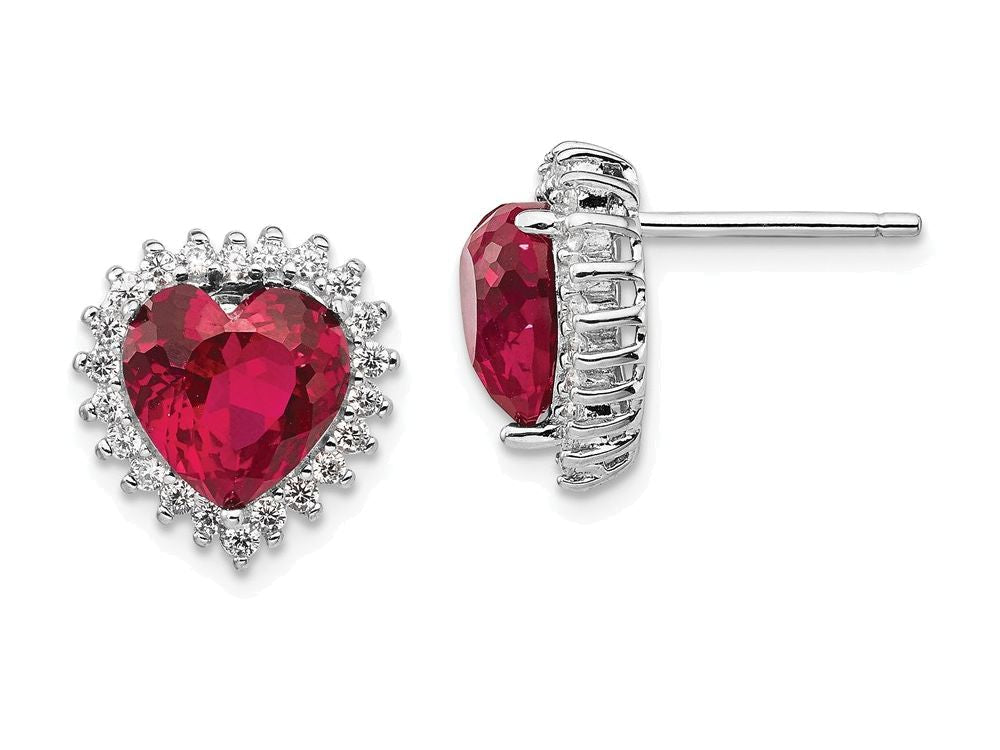 Cheryl M Sterling Silver Heart 100-facet Synthetic Ruby/CZ Post Earrings