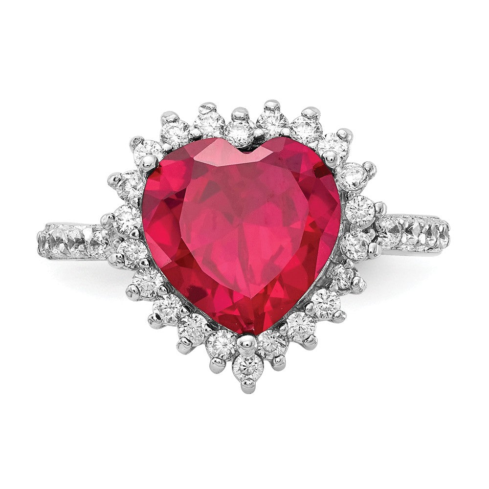 Cheryl M Sterling Silver 100-facet Synthetic Ruby and CZ Heart Ring