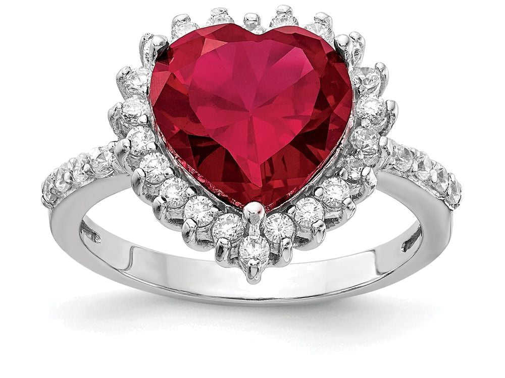 Cheryl M Sterling Silver 100-facet Synthetic Ruby and CZ Heart Ring