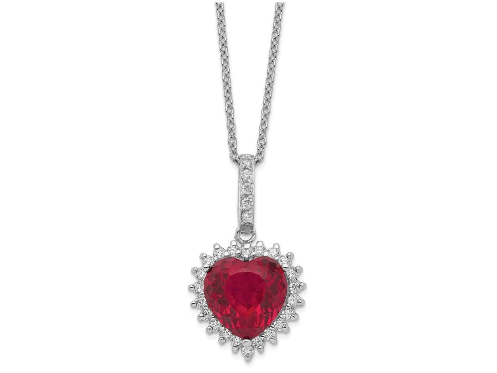 Cheryl M Sterling Silver Heart 100-facet Synthetic Ruby/CZ 18in Necklace