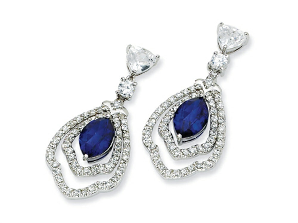 Cheryl M Sterling Silver Marquise Synth Sapphire and CZ Dangle Post Earrings
