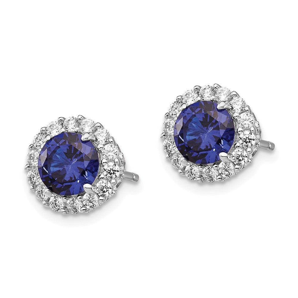 Cheryl M™ Sterling Silver Synthetic Sapphire and CZ Round Post Earrings