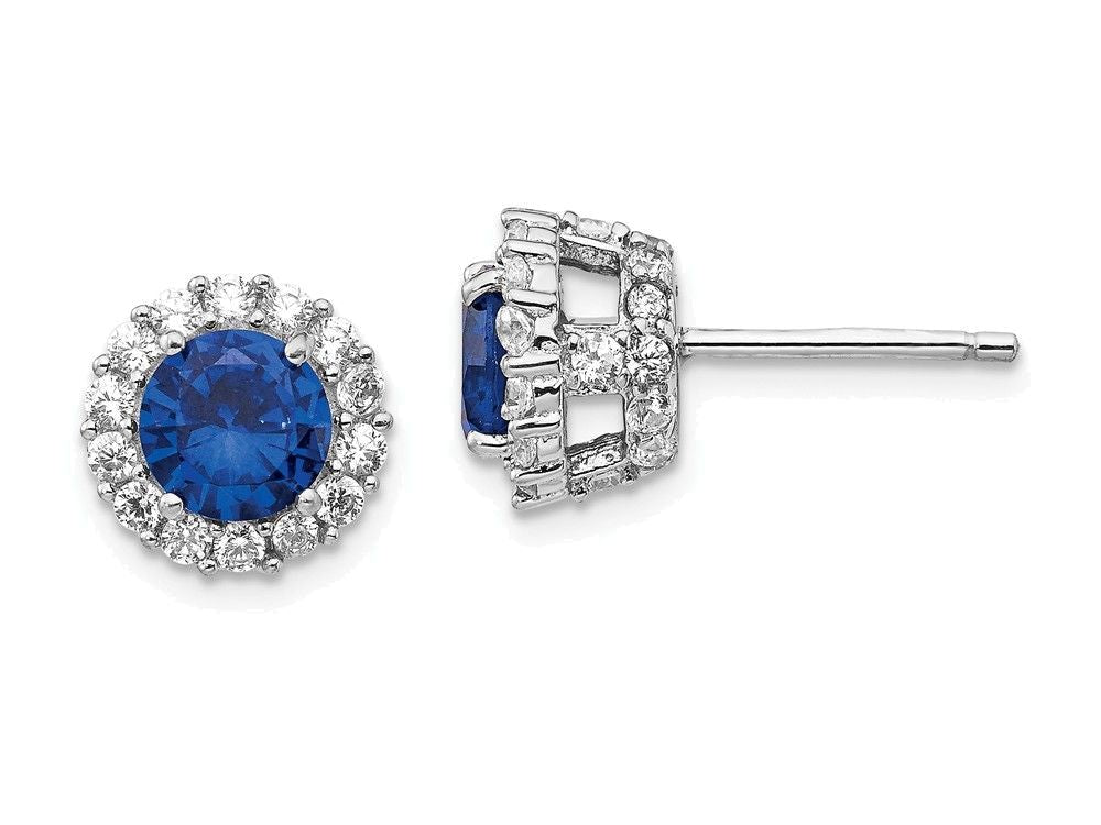 Cheryl M™ Sterling Silver Synthetic Sapphire and CZ Round Post Earrings