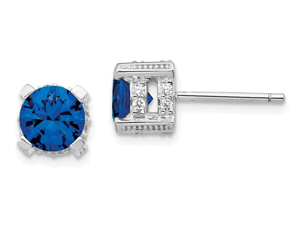 Cheryl M Sterling Silver 6.5mm Synthetic Sapphire and CZ Stud Earrings