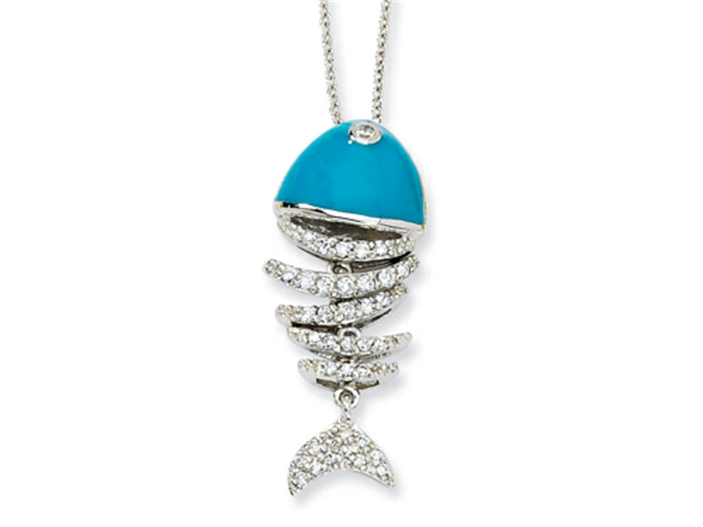 Cheryl M Sterling Silver Simulated Turquoise Enameled CZ Fish 18in Necklace
