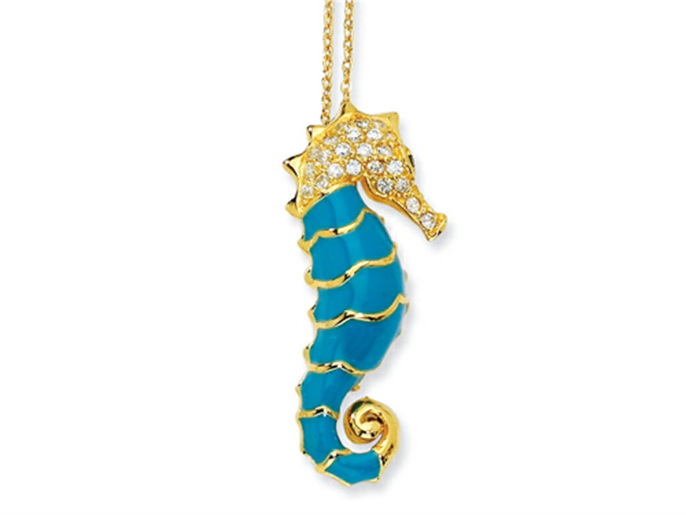Cheryl M Gold Plated Sterling Silver Enameled CZ Seahorse 18in Necklace