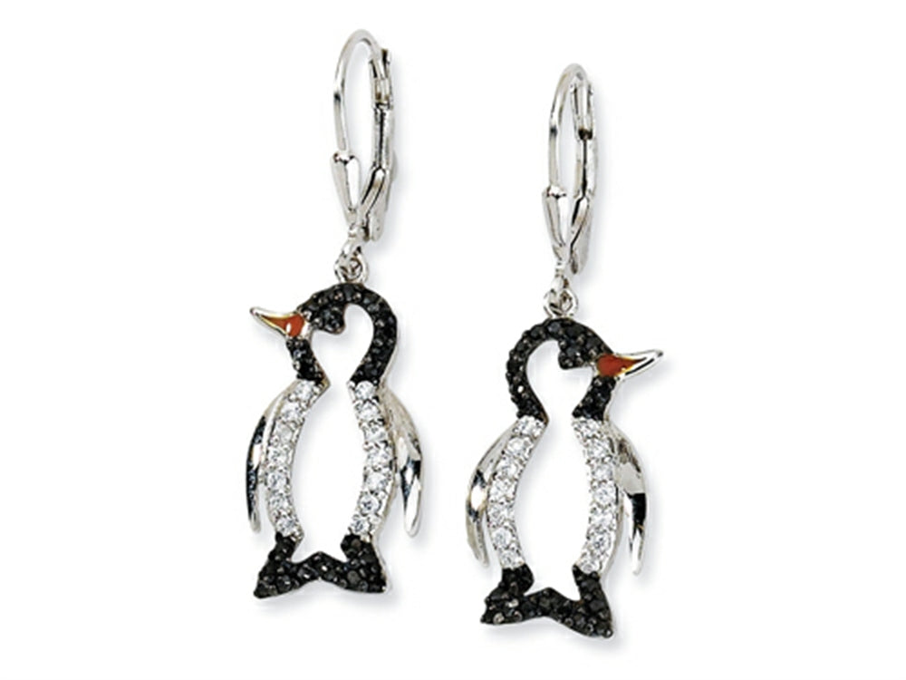 Cheryl M™ Sterling Silver Enameled Black and White CZ Penguin Leverback Earrings