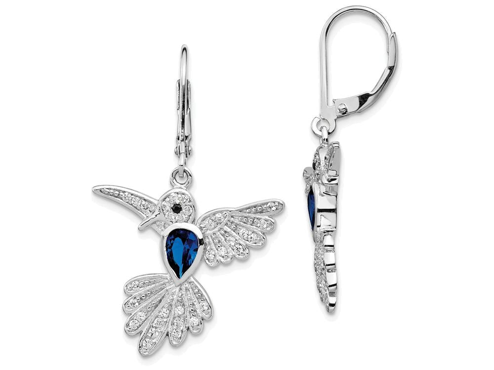 Cheryl M Sterling Silver Synthetic Sapphire Hummingbird Leverback Earrings