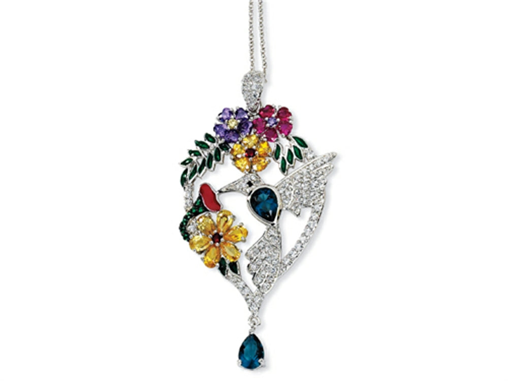 Cheryl M Sterling Silver Enameled CZ and Simulated Stones Hummingbird 18in Necklace
