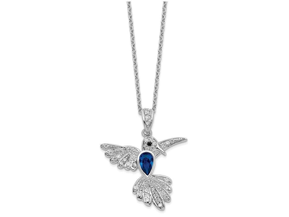 Cheryl M Sterling Silver CZ and Synthetic Sapphire Hummingbird 18in Necklace