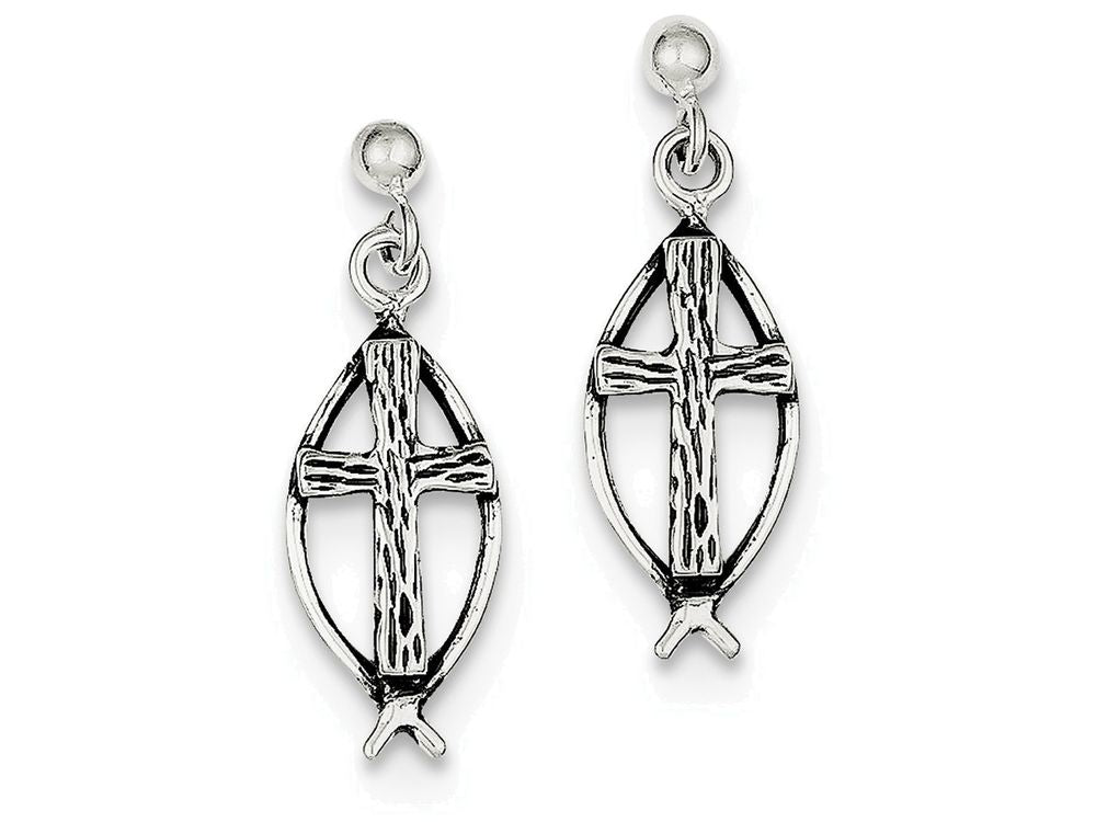 FJC Finejewelers Sterling Silver Ichthus (fish) Cross Earrings