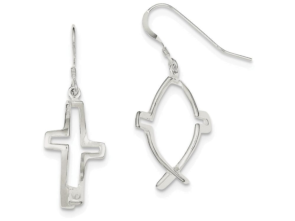 FJC Finejewelers Sterling Silver Cross Ichthus Dangle Earrings