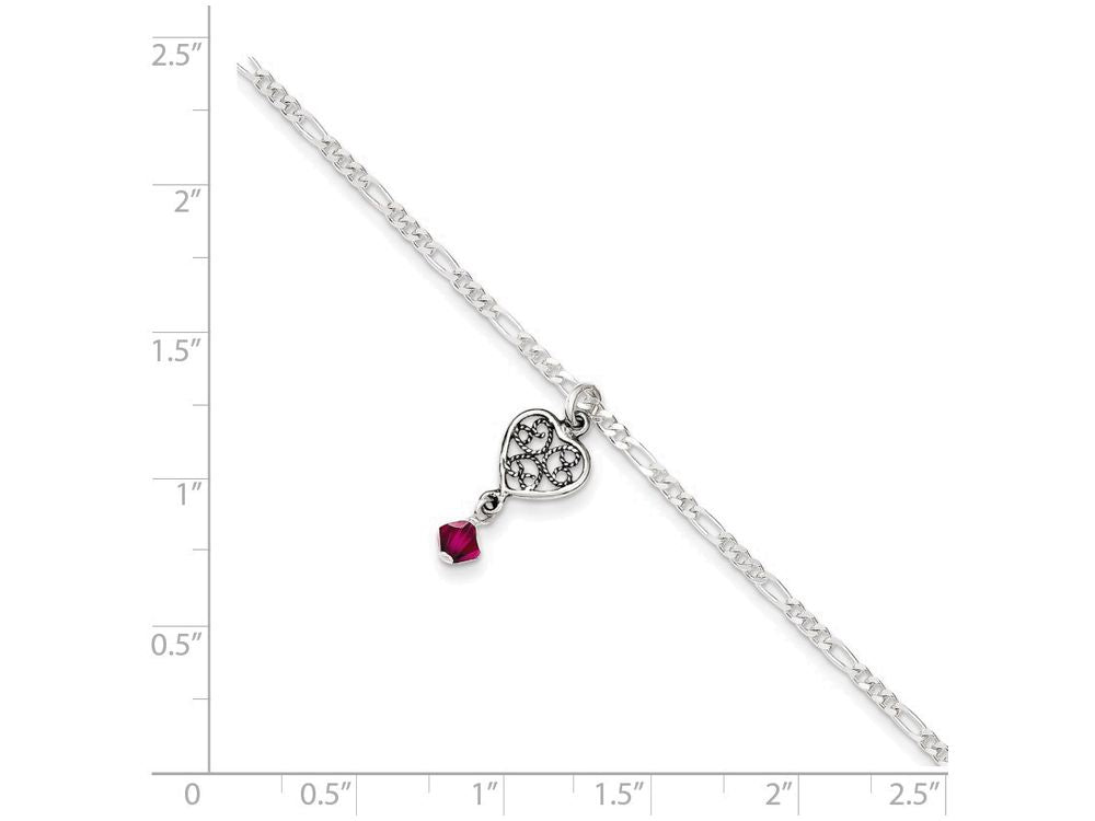 FJC Finejewelers Sterling Silver Antiqued Dark Pink Crystals Dangling Hearts Anklet