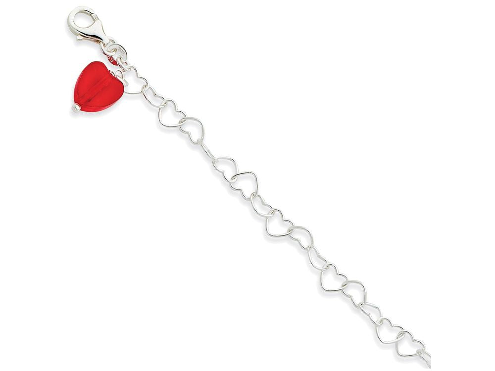 FJC Finejewelers Sterling Silver Red Synthetic Crystal Stone Heart Link Anklet