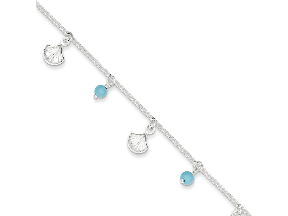 FJC Finejewelers Sterling Silver Polished Shell And Turquoise W/ 1in Ext. Anklet