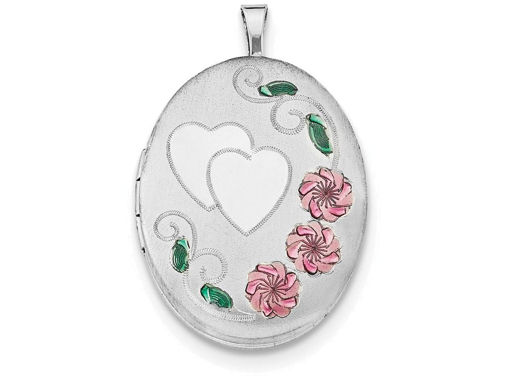 FJC Finejewelers Sterling Silver 26mm Enameled, D/c Floral and Heart Oval Locket Necklace