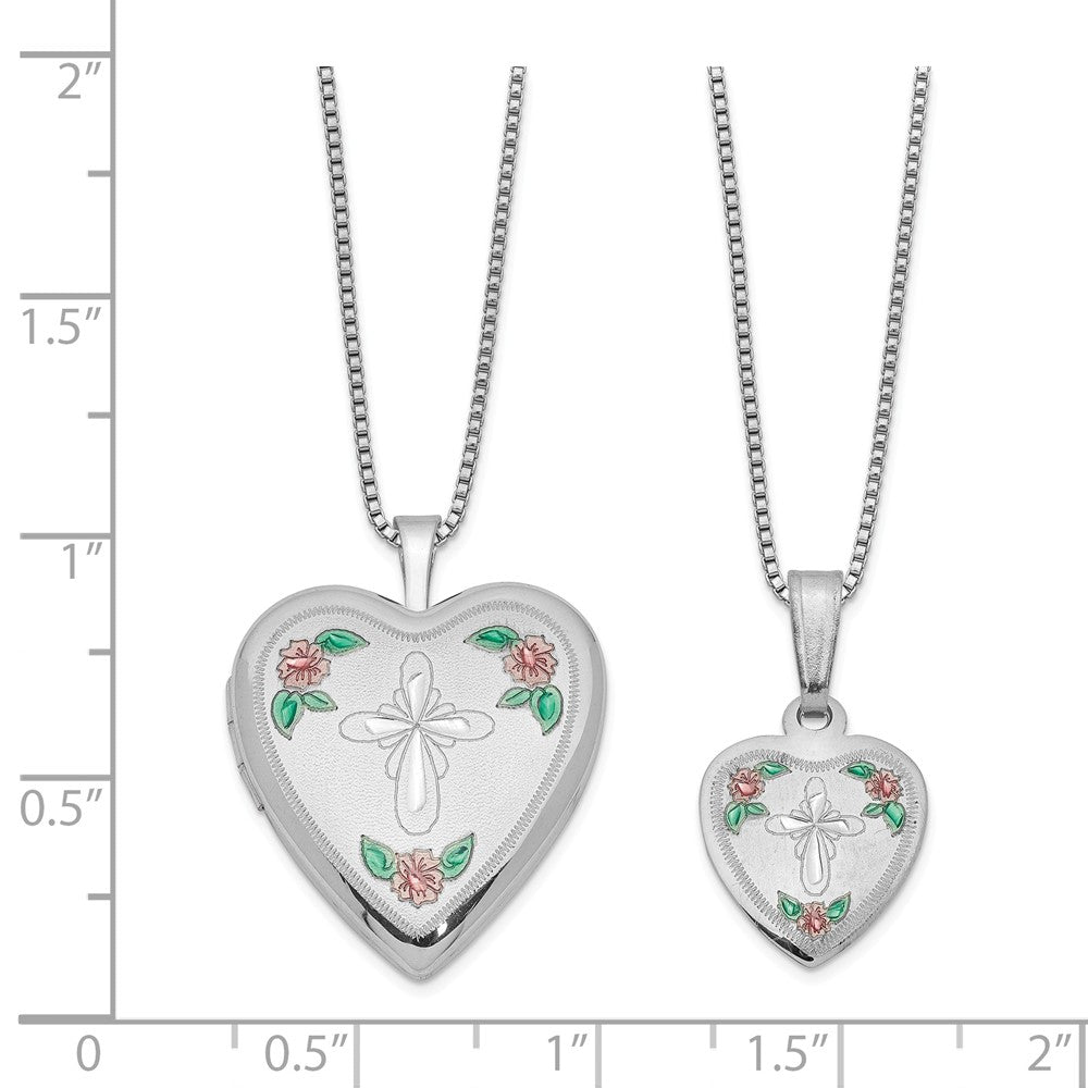 FJC Finejewelers Sterling Silver Rhodium-plated Cross And Flowers Enamel Heart Locket And Pendant Set 18 inch chain incl