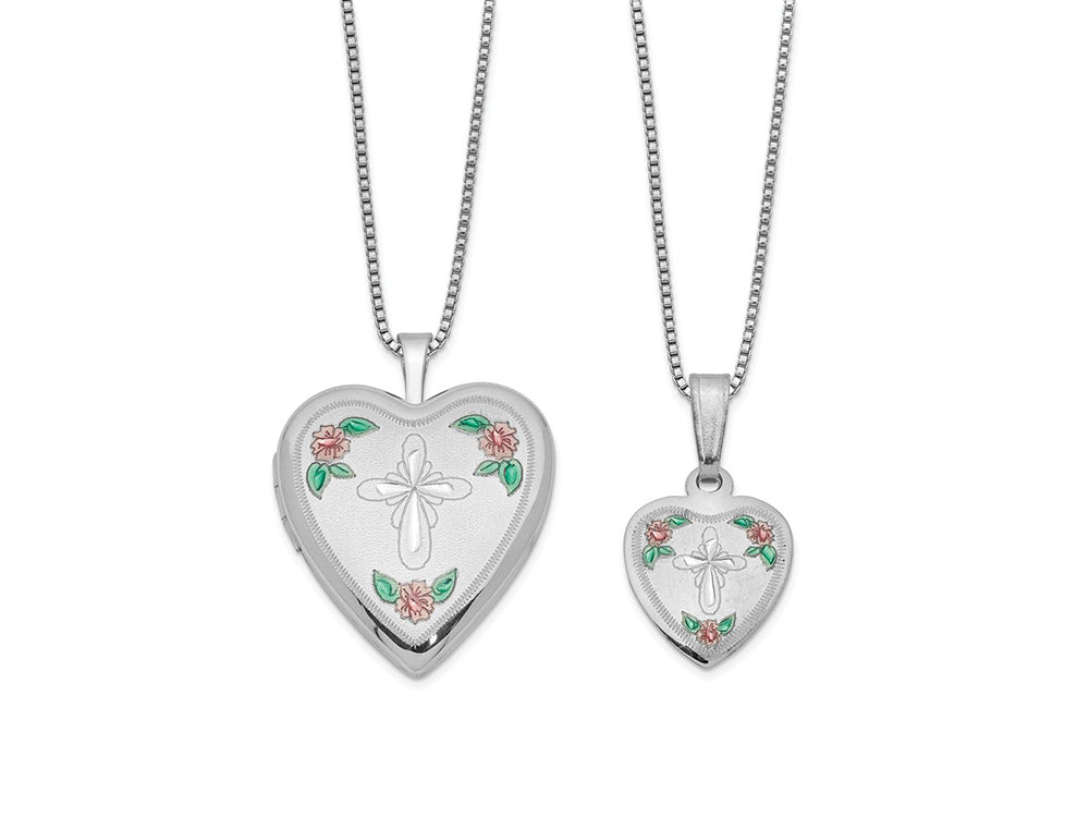 FJC Finejewelers Sterling Silver Rhodium-plated Cross And Flowers Enamel Heart Locket And Pendant Set 18 inch chain incl