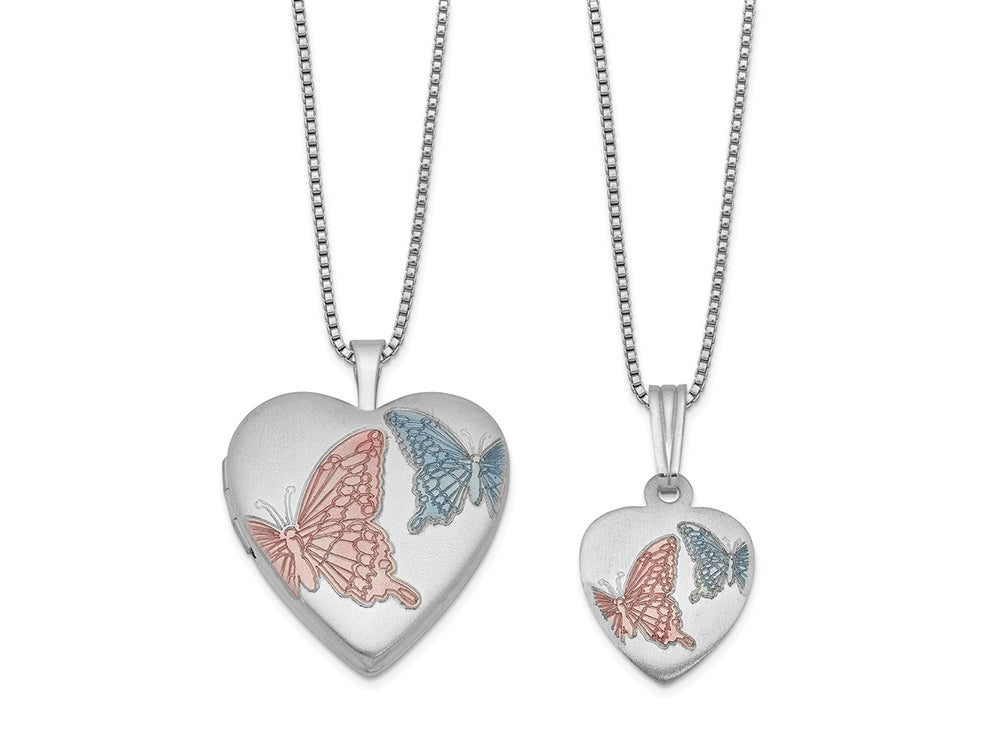 FJC Finejewelers Sterling Silver Rhodium-plated Satin Enamel Butterflies Heart Locket And Small Pendant Set 18 inch chai