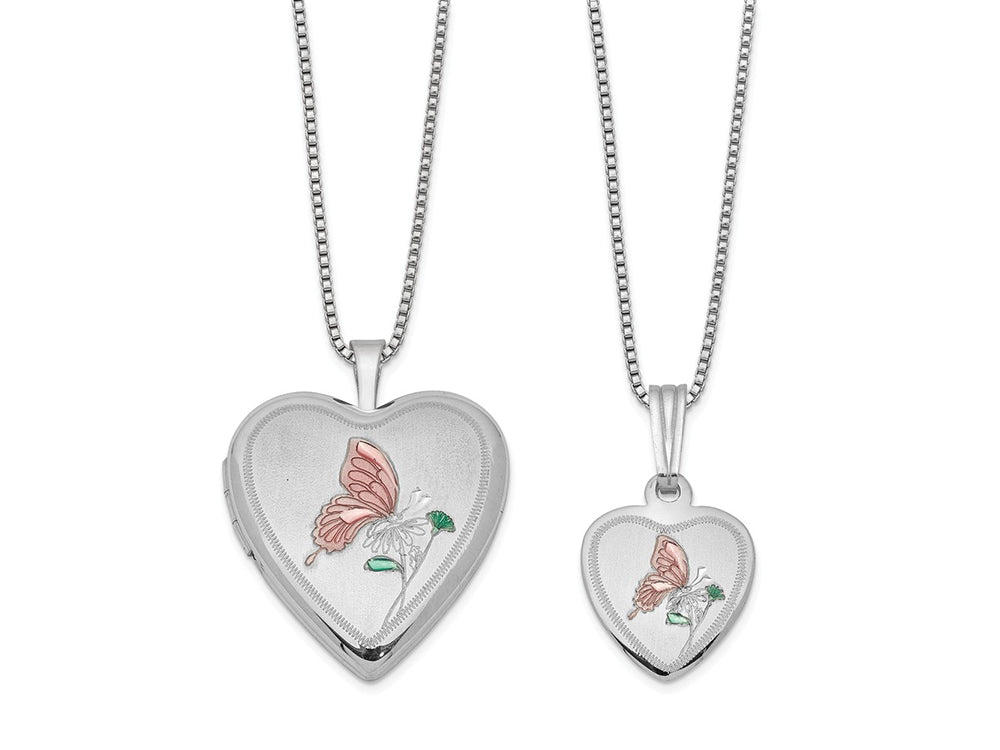 FJC Finejewelers Sterling Silver Rhodium-plated Polished And Satin Butterfly Heart Locket And Small Pendant Set 18 inch