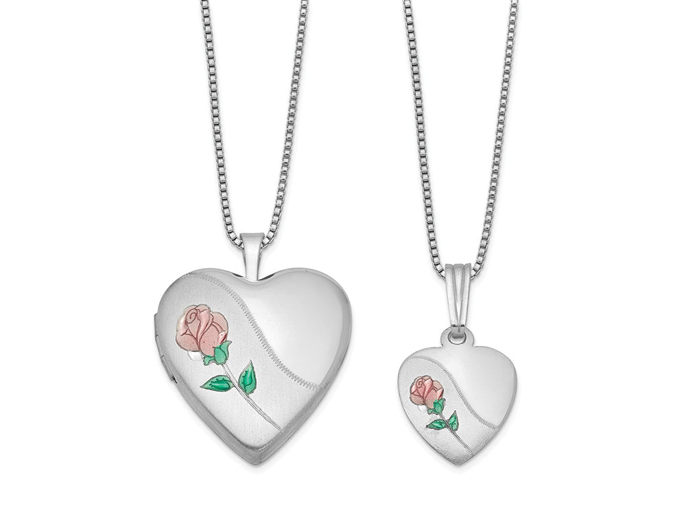 FJC Finejewelers Sterling Silver Rhodium-plated Polished And Satin Rose Heart Locket And Pendant Set 18 inch chain inclu