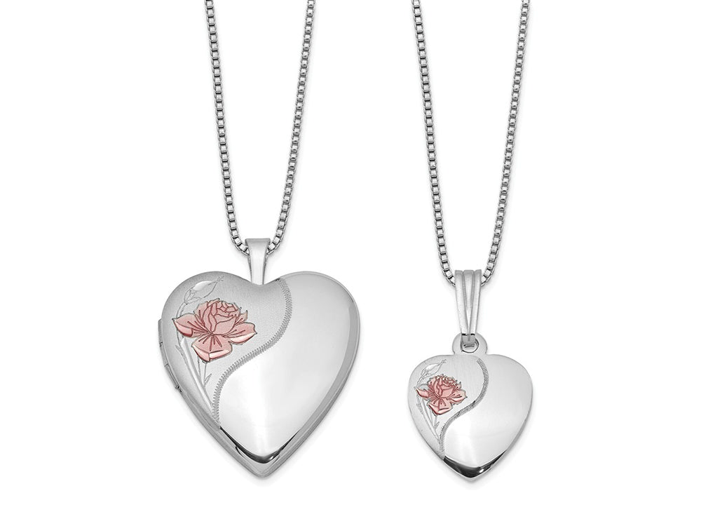 FJC Finejewelers Sterling Silver Rhodium-plated Polished And Satin Rose Heart Locket Pendant Set 18 inch chain included