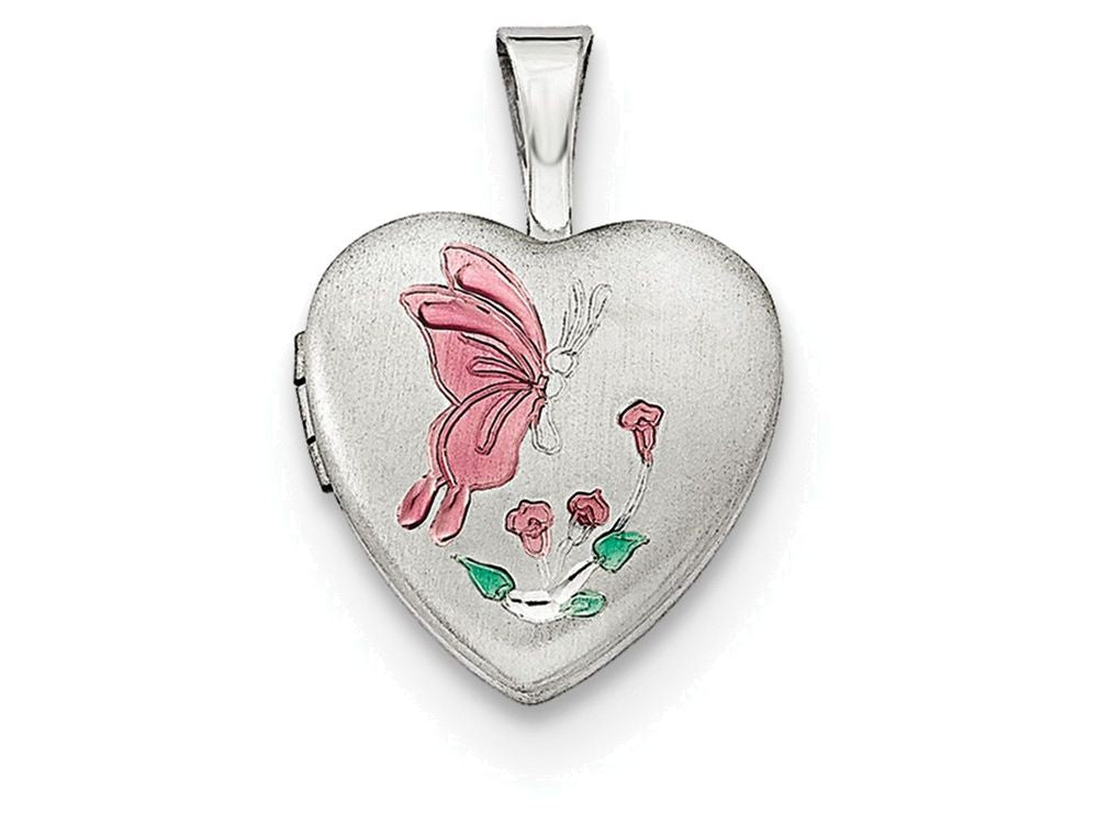 FJC Finejewelers Sterling Silver Enamel Butterfly Flowers 12mm Heart Locket Necklace