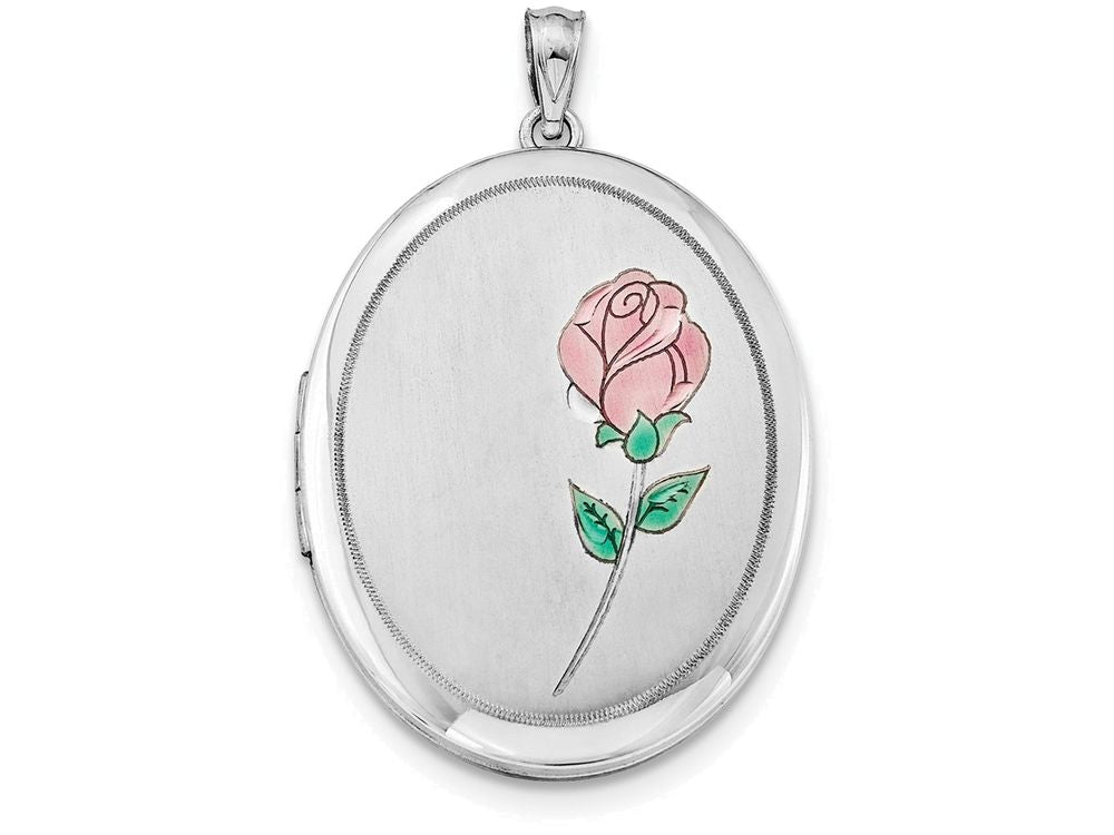 FJC Finejewelers Sterling Silver W/ Enamel Rose 34mm Oval Locket Necklace