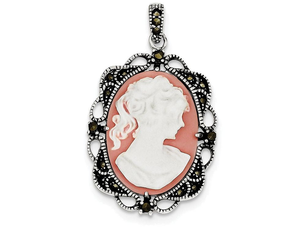FJC Finejewelers Sterling Silver Marcasite Cameo Pendant Necklace - Chain Included
