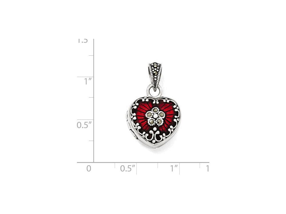 FJC Finejewelers Sterling Silver Red Enamel and Marcasite Heart Locket Necklace