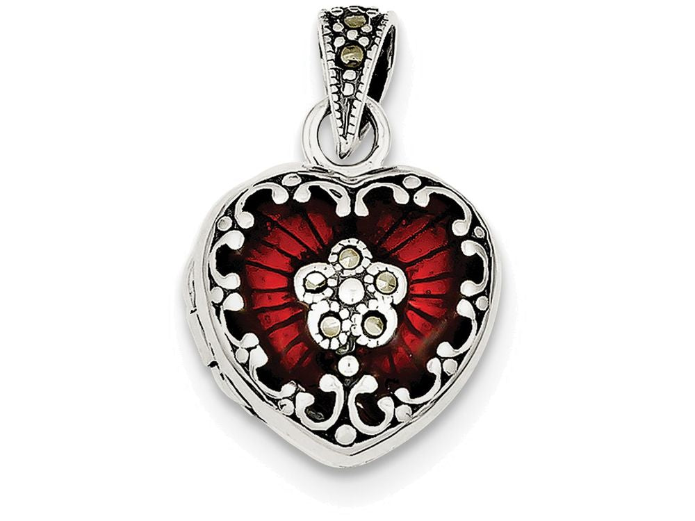 FJC Finejewelers Sterling Silver Red Enamel and Marcasite Heart Locket Necklace