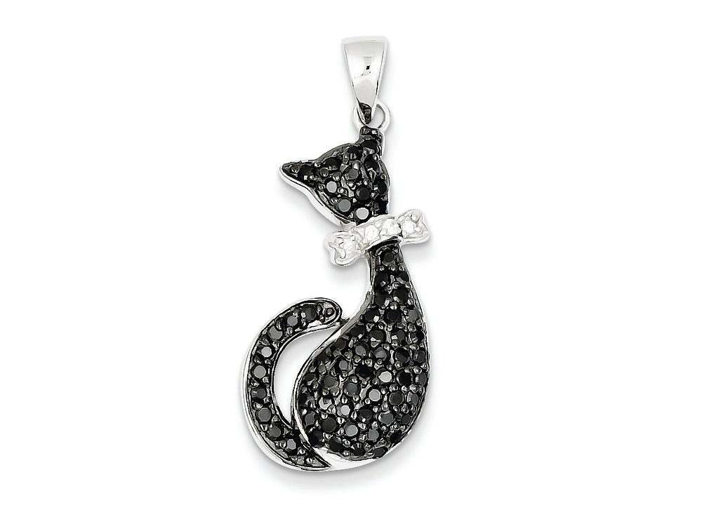 FJC Finejewelers Sterling Silver Black and White Cubic Zirconia Cat With Bow Pendant Necklace - Chain Included