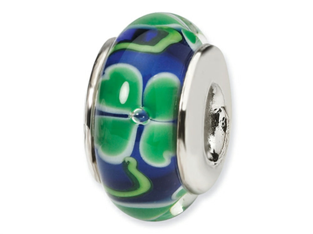Reflections Sterling Silver Blue with Clover Hand-blown Glass Bead / Charm