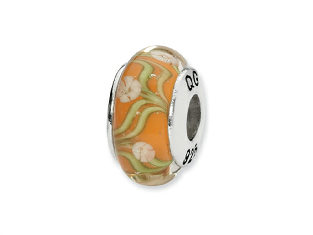 Reflections Sterling Silver Orange/White Floral Hand-blown Glass Bead / Charm