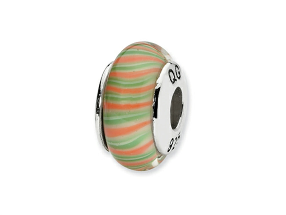 Reflections Sterling Silver Green/Orang Swirl Hand-blown Glass Bead / Charm