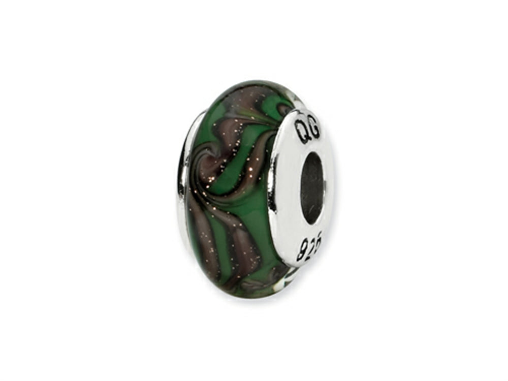Reflections Sterling Silver Green/Tan Swirl Hand-blown Glass Bead / Charm