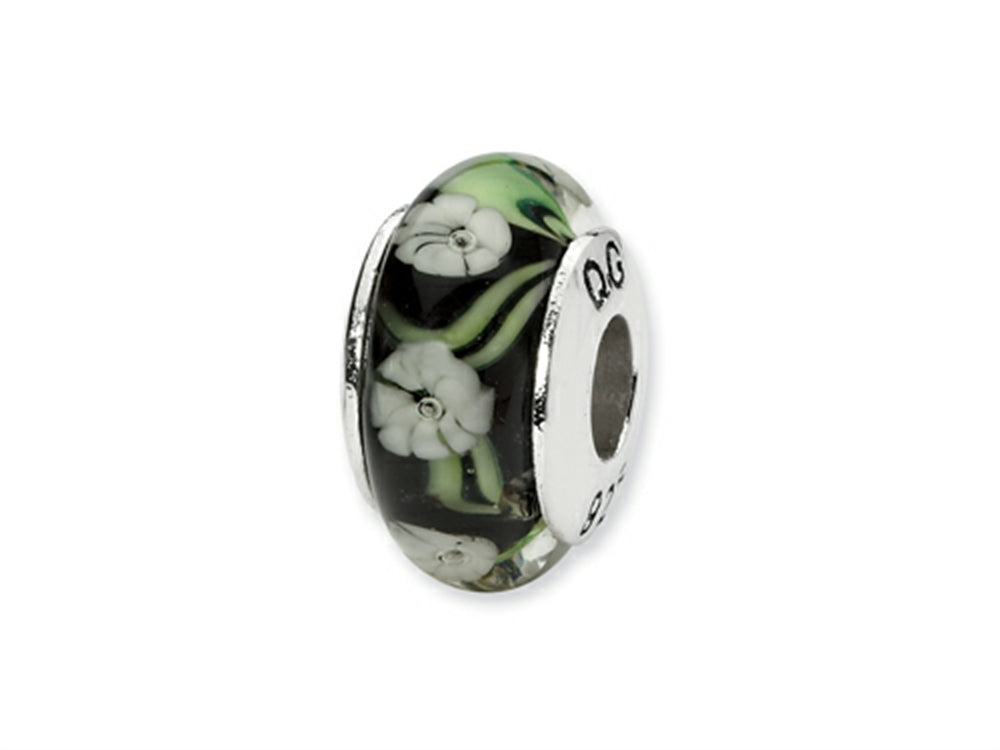 Reflections Sterling Silver Black/White Floral Hand-blown Glass Bead / Charm