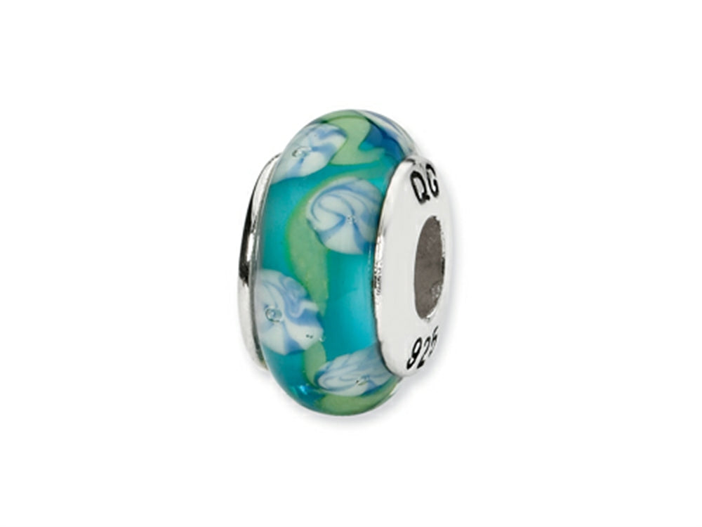 Reflections Sterling Silver Blue Floral Hand-blown Glass Bead / Charm
