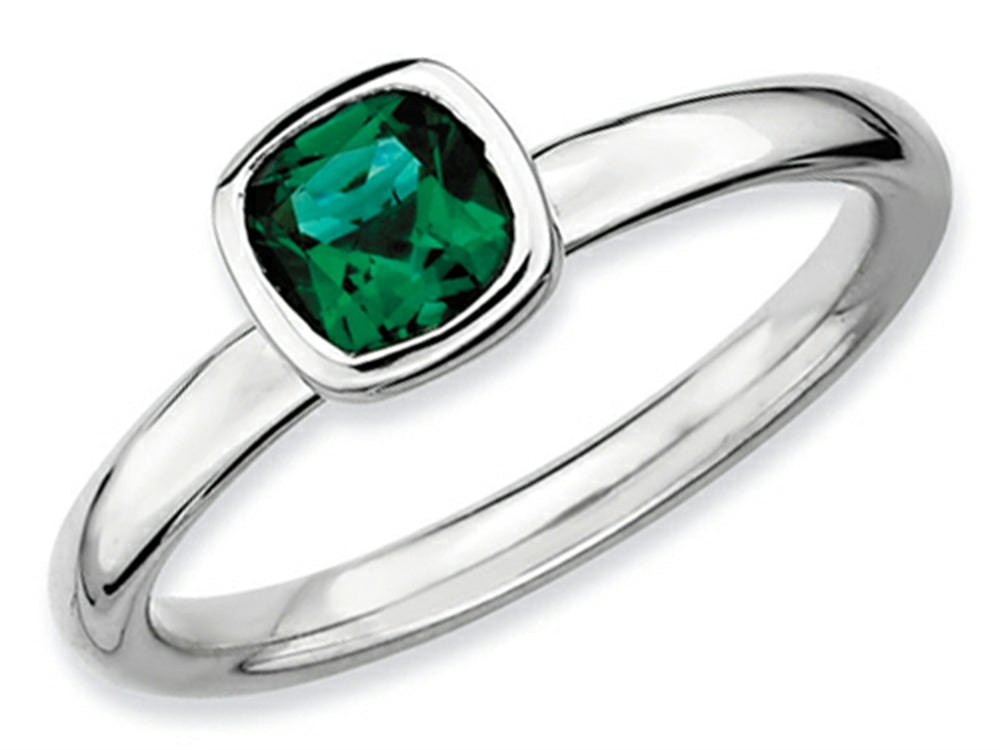 Stackable Expressions Sterling Silver Cushion-Cut Simulated Emerald Stackable Ring