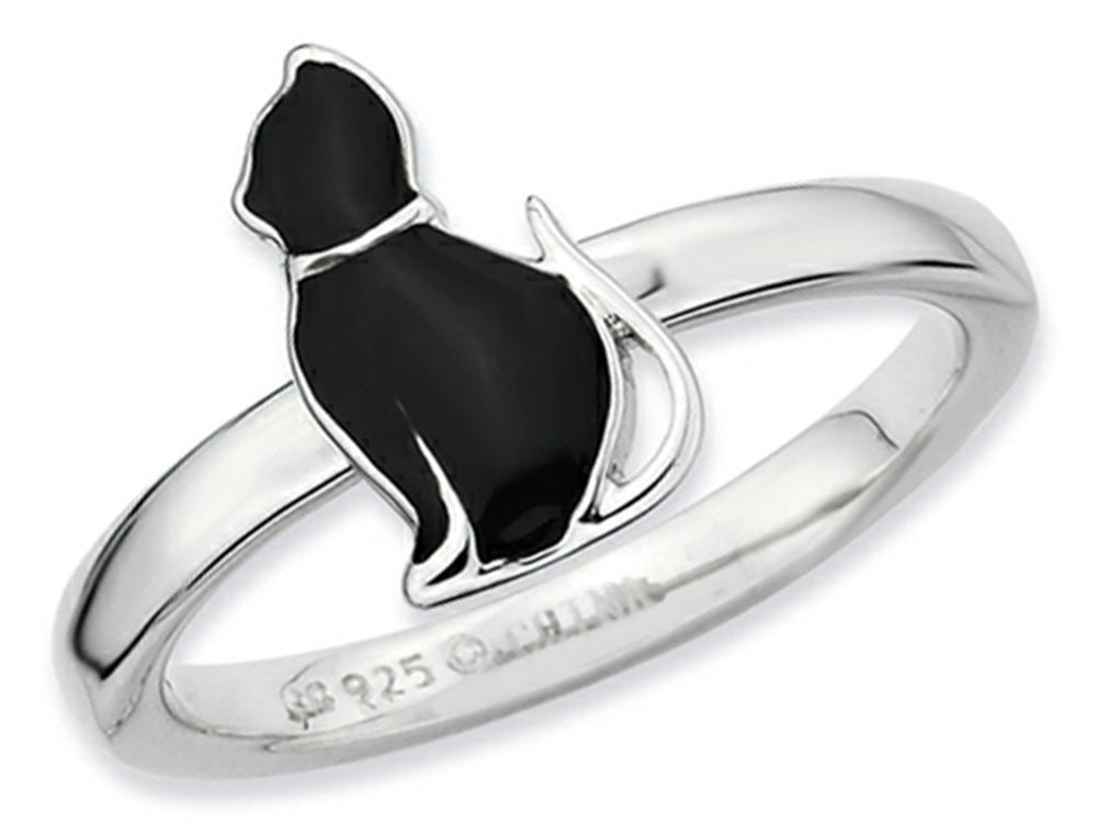 Stackable Expressions Sterling Silver Black Enameled Cat Stackable Ring