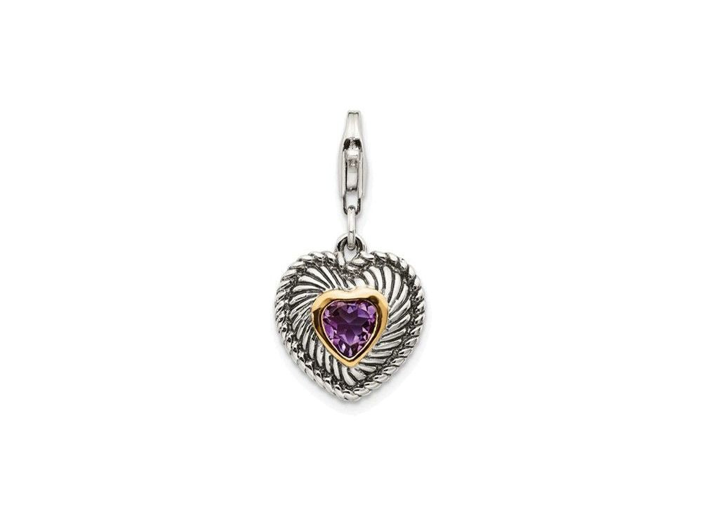 Sterling Silver With 14k Amethyst Antiqued Charm