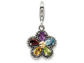 Sterling Silver With 14k Antiqued Multi Stone Flower With Lobster Clasp Charm