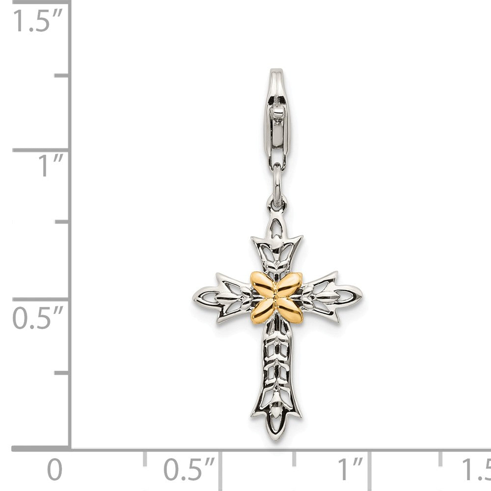 Sterling Silver With 14k 3-d Antiqued Crosterling Silver With Lobster Clasp Charm