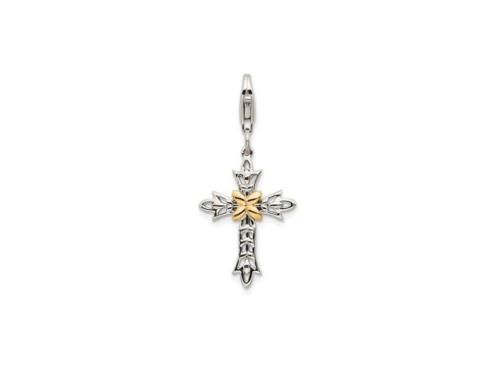 Sterling Silver With 14k 3-d Antiqued Crosterling Silver With Lobster Clasp Charm