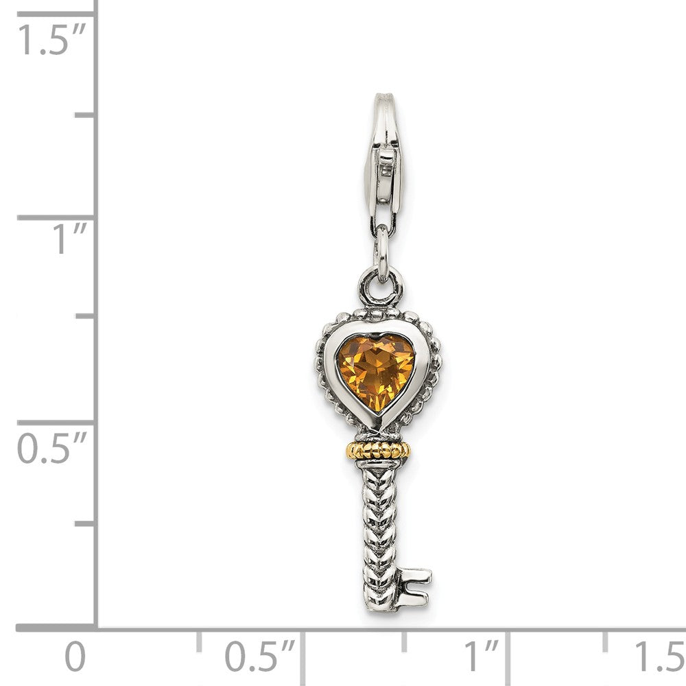 Sterling Silver With 14k Citrine Antiqued Key With Lobster Clasp Charm
